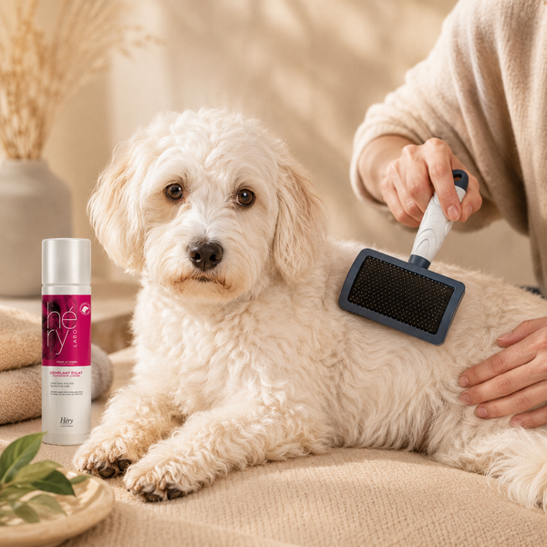 Langharige hond wordt rustig geborsteld met slickerborstel en anti-klit spray