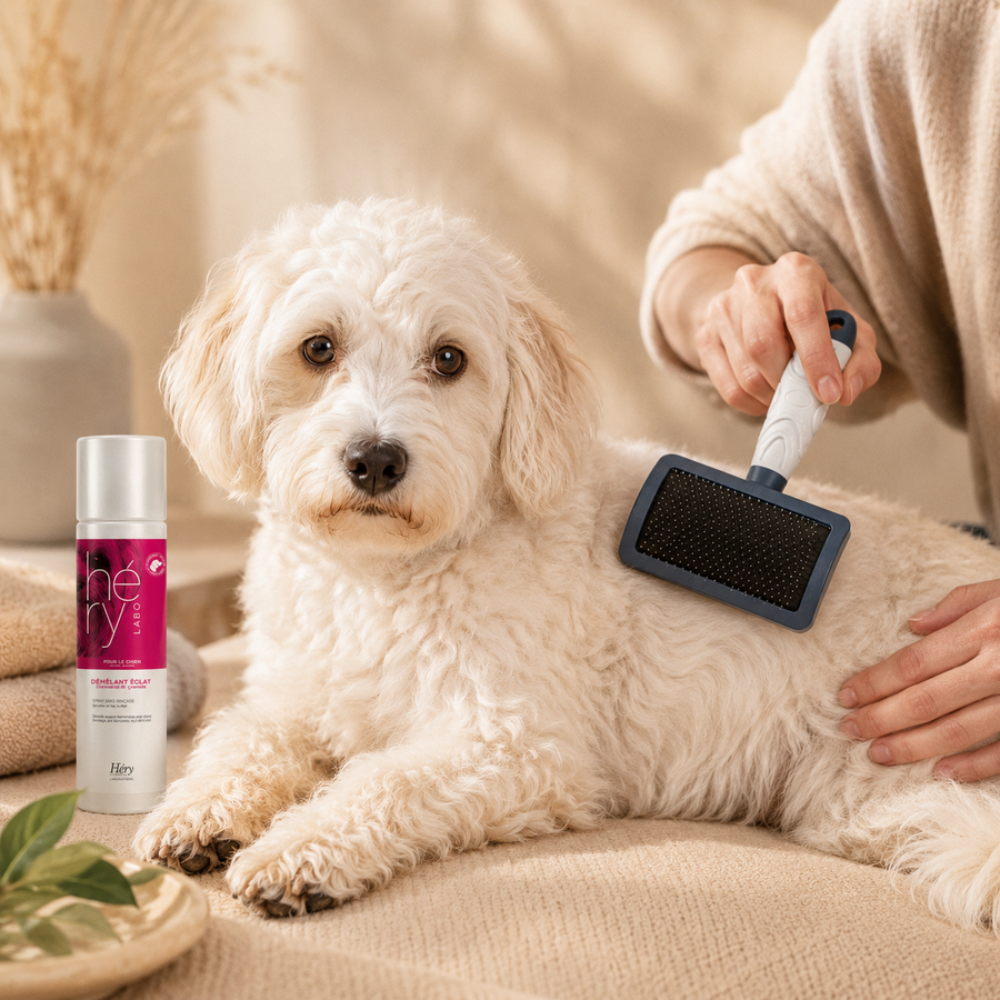 Langharige hond wordt rustig geborsteld met slickerborstel en anti-klit spray