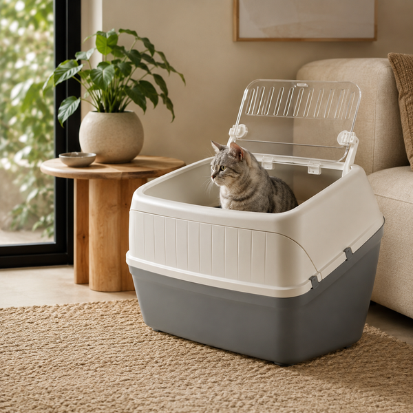 ComfortNest IMAC Linus Cabrio reismand met bovenopening en kat in een warme woonomgeving