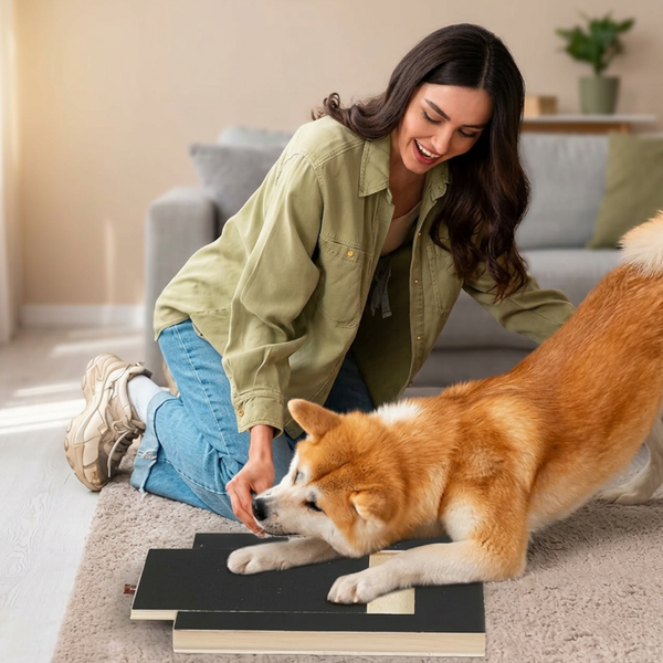 Hond speelt met PawJoy krabplank samen met baasje