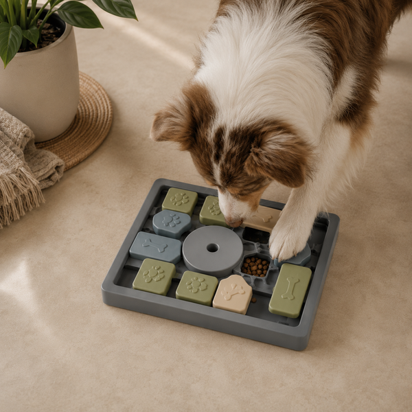 Hond gebruikt de PawJoy Challenge Slider puzzel met neus en poot