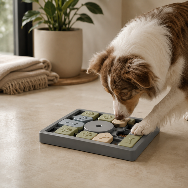 PawJoy Challenge Slider hondenpuzzel met hond in een warme woonomgeving