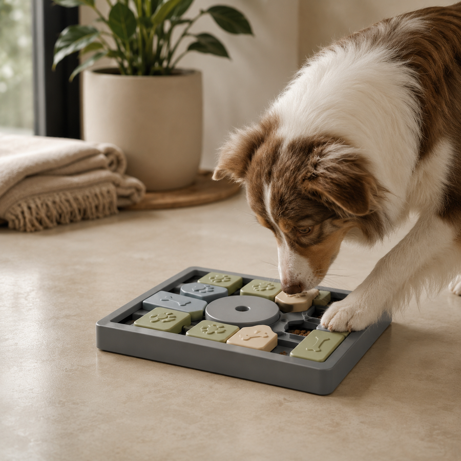 PawJoy Challenge Slider hondenpuzzel met hond in een warme woonomgeving