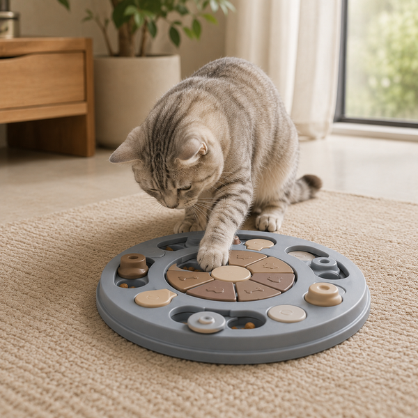 Kat gebruikt de PawJoy Rainy Day kattenpuzzel met haar poot