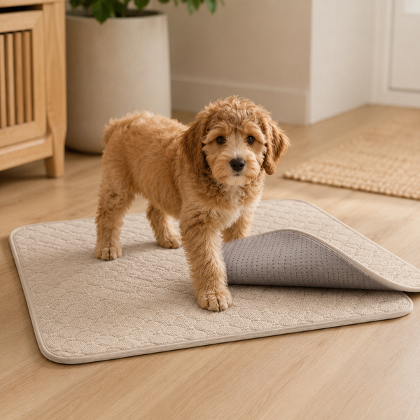 Puppy op een zachte wasbare trainingsmat met zichtbare antislip onderzijde