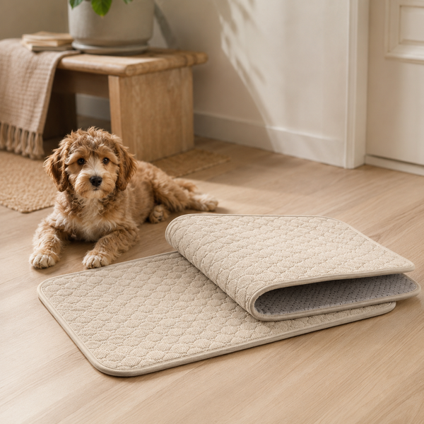 PureFlow wasbare trainingsmatten voor honden met puppy in een warme woonomgeving